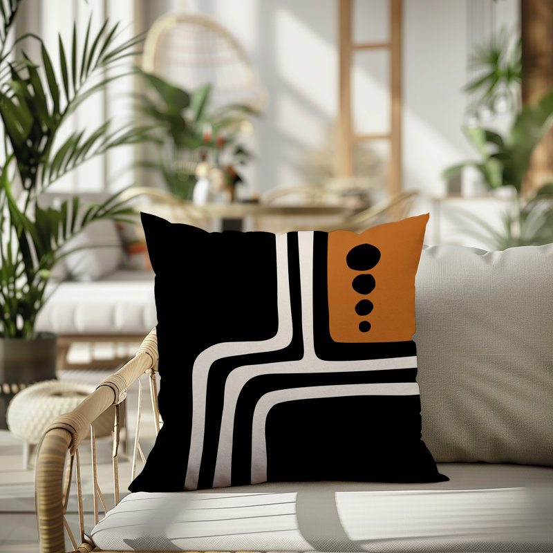 Oreiller carré réversible intérieur / extérieur Tobe Minimalist, H 17 po x l 17 po, Orange brûlé / noir / blanc cassé