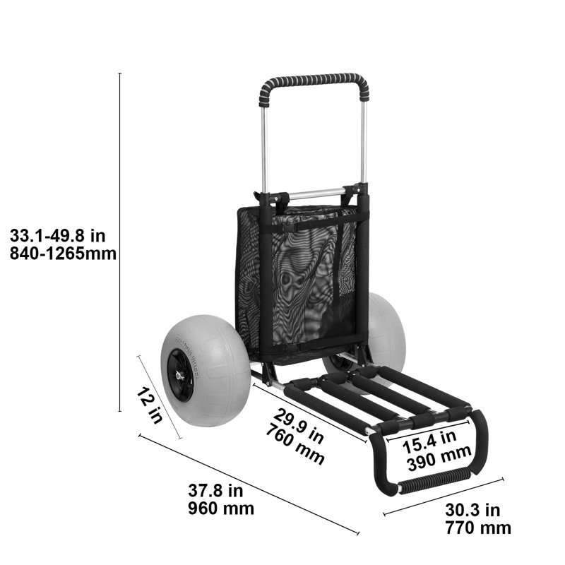 Beach Dolly with Big Wheels for Sand, 29.9" x 15.4" Cargo Deck, w/ 12" Balloon Wheels, 165LBS Loading Capacity Folding Sand Cart & 27" to 44.7" Adjustable Height, Heavy-Duty Cart for Beach
