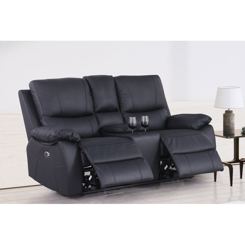 Dewaine 72'' Leather Power Reclining Loveseat, Black Genuine Leather
