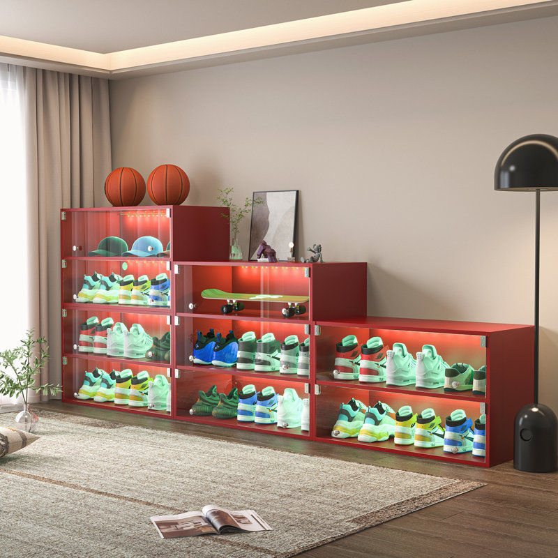 Boîte à chaussures à DEL avec trois couches et portes en verre, Rouge