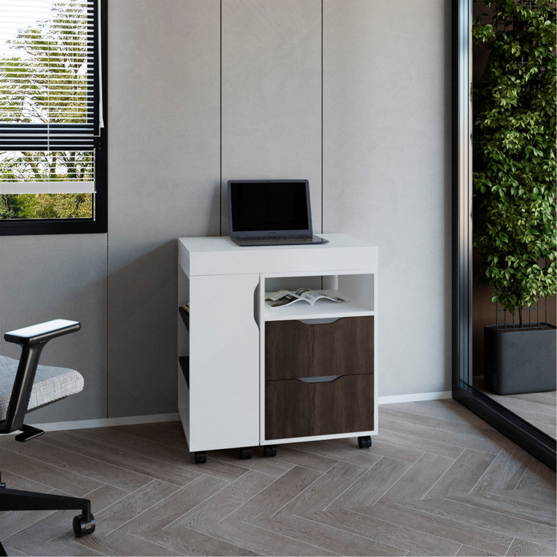 Extendable Desk, 2 Drawers, 4 Shelves, 4 Wheels