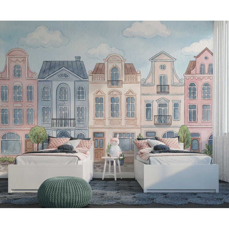 Maison de ville papier peint aquarelle architecture murale, 160 po x 108 po, Peler et coller