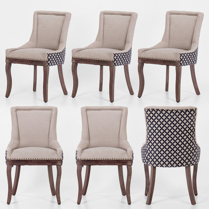 Ensemble de 6 chaises de salle à manger en lin rembourrées, 6, Étoile gris clair, Brun