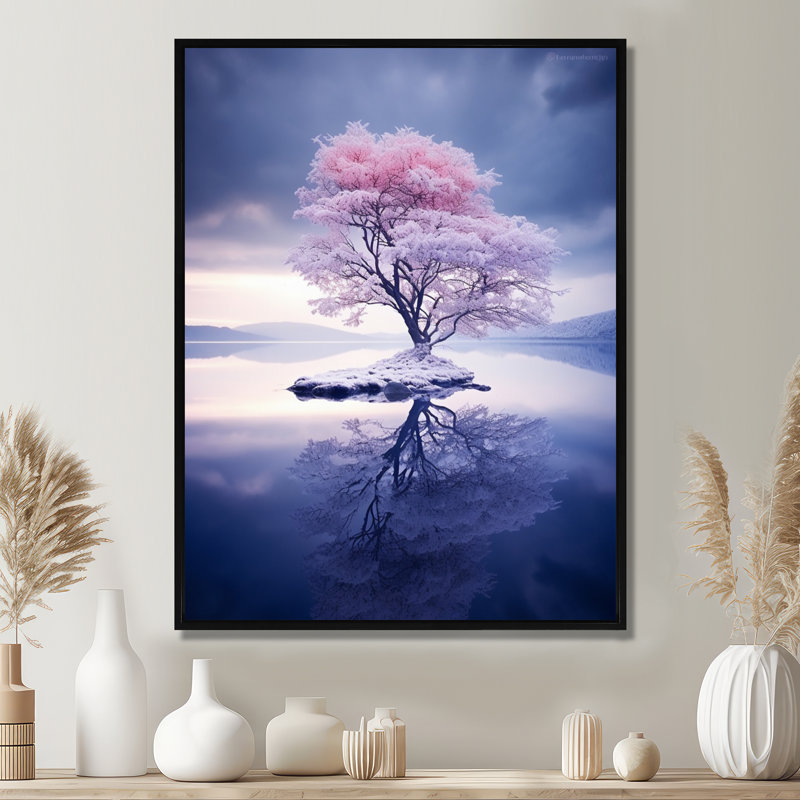 Arbre enneigé enneigé, lac, arbre de chêne, salon d'art mural, H 20 po x l 12 po x P 1 po, Toile avec cadre flottant noir