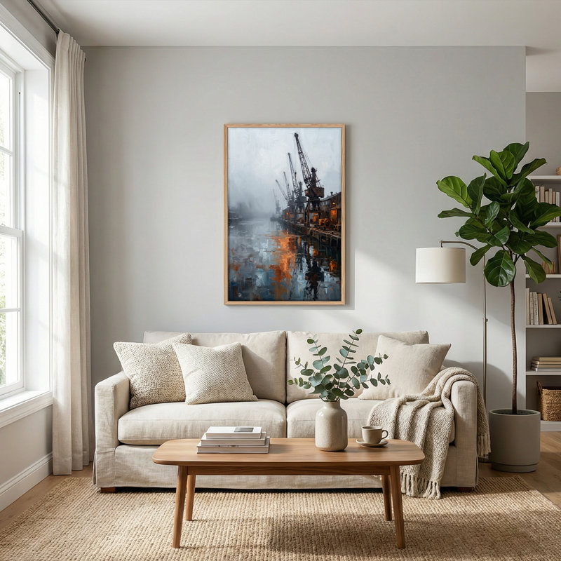 Ensemble de 1 tableau sur toile représentant un port industriel, 48"H x 32"W, Natural