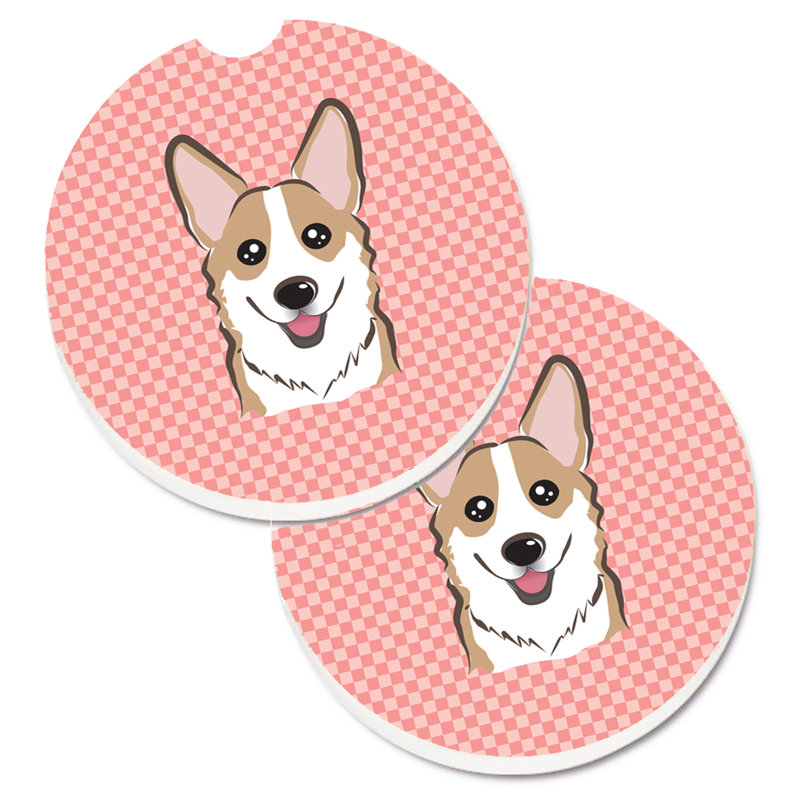 Ceramic Round 2 Piece Car Coaster Set, Pink, Brown Corgi