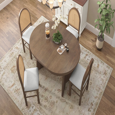 5-Piece Round Dining Table Set For 4, Retro Extendable Dining Table Set With 4 Upholstered Chairs, Kitchen Table And Chairs Set For Dining Room And Ki