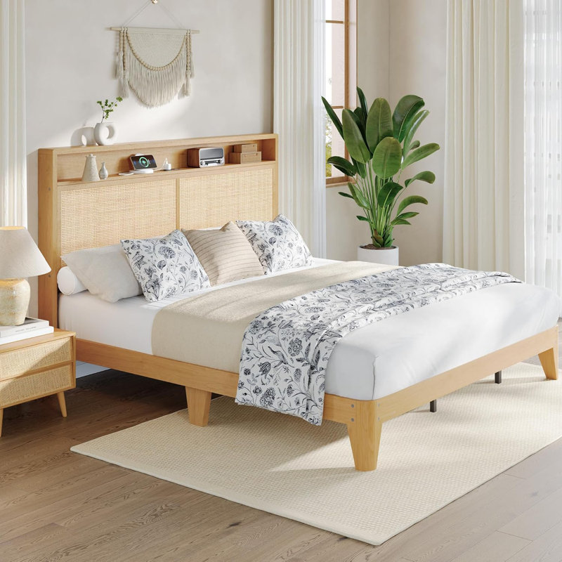 King Bed Frame with Natural Rattan Headboard, Bohemian Bed Frame with LED Lights & Charging Station, 2 Tier Storage Headboard,Under Bed Storage, No Box Spring Needed