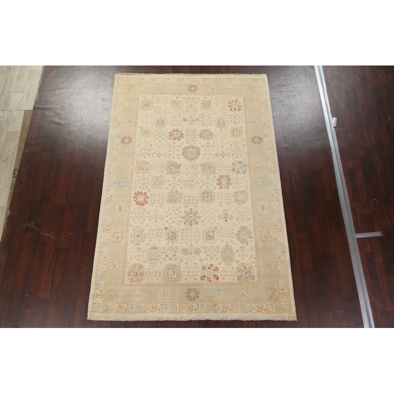 Tapis beige en laine noué à la main de conception unique 6 pi 7 po x 10 pi 0 po Peshawar Chobi