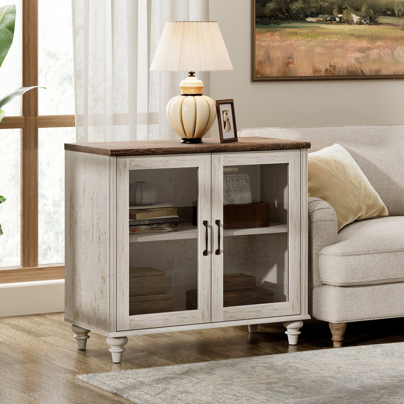 End Table For Bedroom With 2 Glass Doors, Mid Century Modern Wooden Closet Storage Organizer, Rustic White/Brown