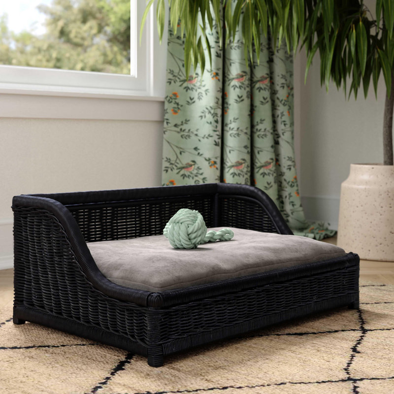 Poppy Black Rattan Small Pet Bed with Gray Cushion