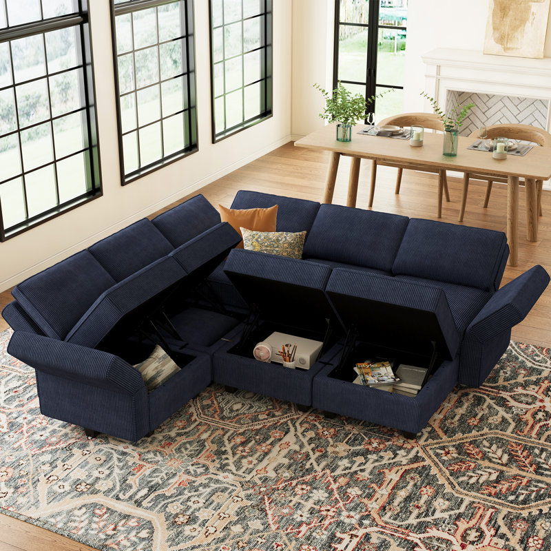 Nairoby Corduroy L-Shaped Sleeper Sectional, Blue Corduroy