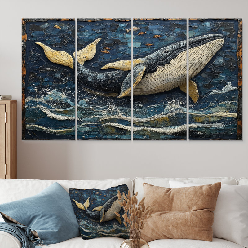 Baleine dans des tons bleus et blancs - ensemble d'art mural sur toile baleine, H 32 po x l 64 po