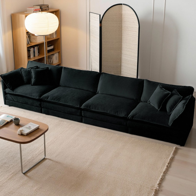 Canapé de style Mid-Century rembourré en chenille avec 5 coussins décoratifs, conception modulaire pour le salon, 4, Noir