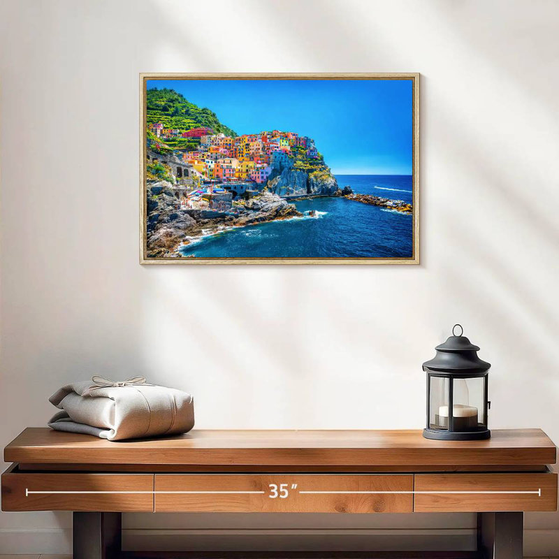 Cinque Terre Seaside Town, 19" X 13", Floating Frame Natural Wood