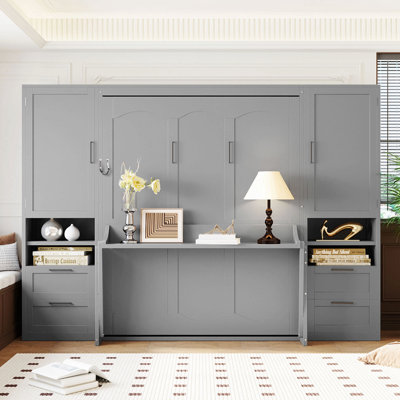 Grand lit escamotable mural avec placard, tiroirs et tablettes