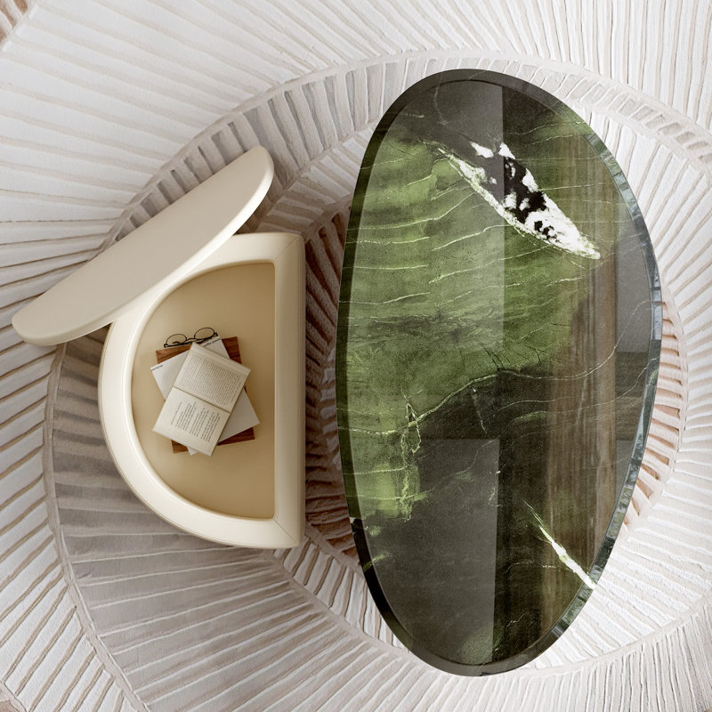 Ensemble de table basse luxueuse en marbre ovale avec repose-pieds de rangement, table de salon moderne avec plateau en marbre, placage en noyer noir et structure en acier inoxydable