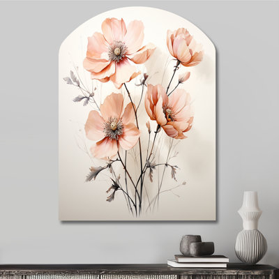 Fleur de pêche minimaliste beige pêche - décoration murale asymétrique en métal floral, sculpture murale en arche