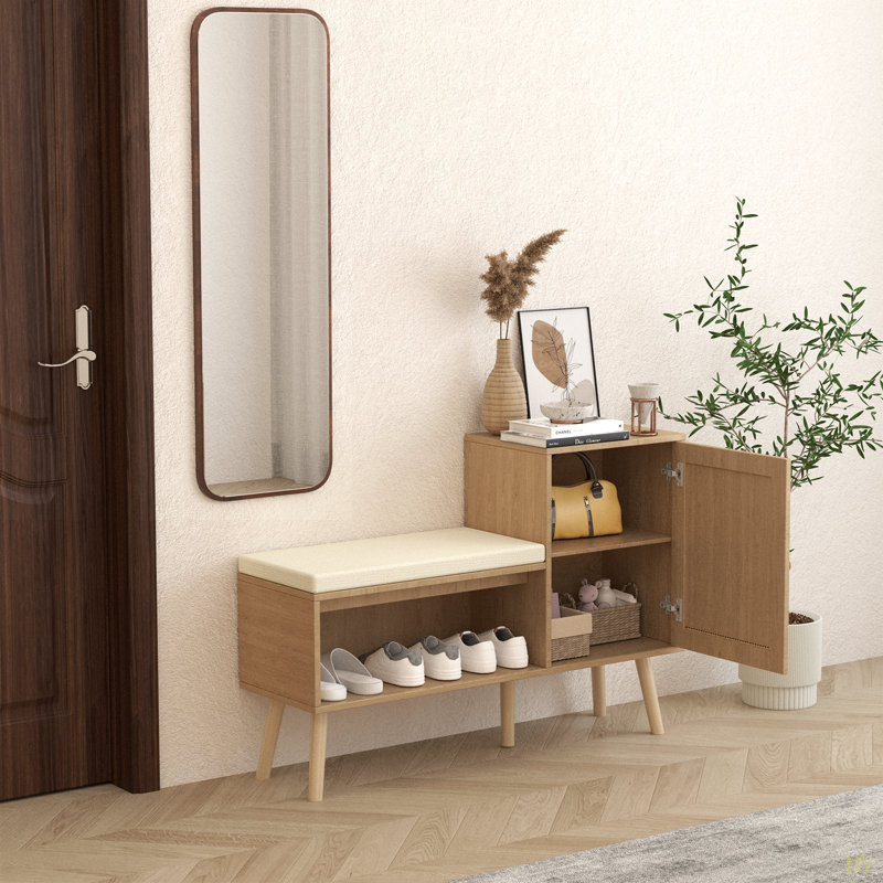 Banc de rangement pour chaussures 2 en 1, armoire à chaussures en rotin PP avec 2 tablettes réglables et coussin de siège amovible, banc d'entrée moderne, rangement pour chaussures, range-chaussures pour couloir, chambre à coucher