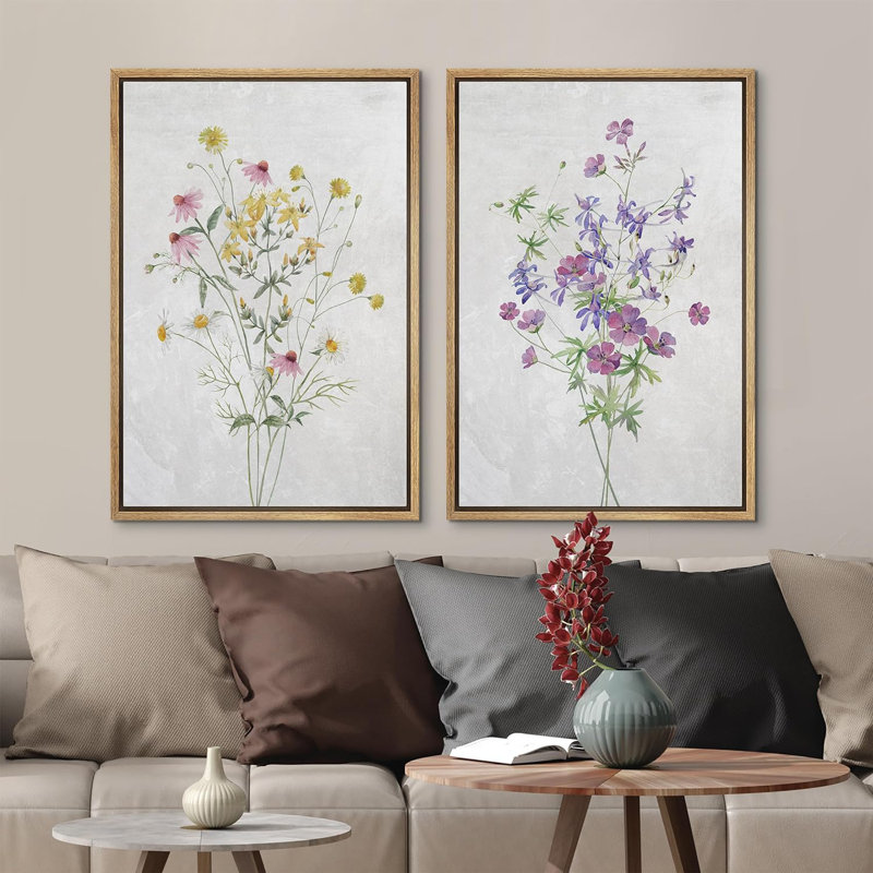 «Vibrant Wildflower Mauve», ensemble de 2 reproductions d'art botaniques sur toile encadrées sur toile, Naturel