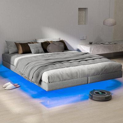 Floating Bed Frame with LED Lights Metal Slats Underbed Storage Space No Box Spring