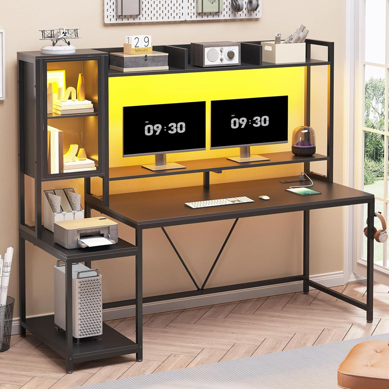 Gaming Desk With Led Lights & Power Outlets, Computer Desk With Hutch, Home Office Desk With Monitor Stand, Display Cabinet, Hooks & Cpu Stand