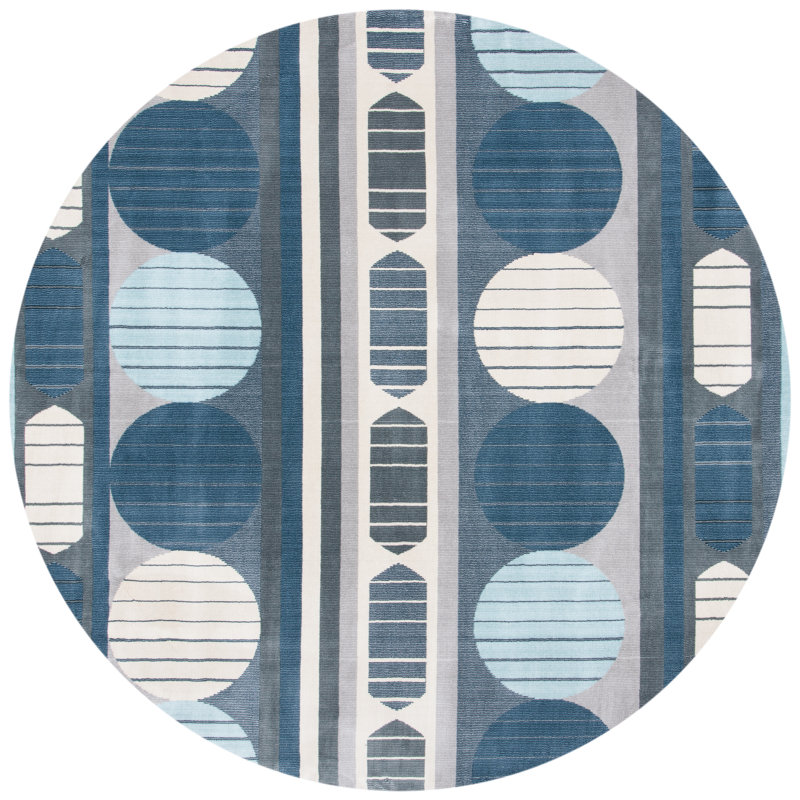 Horrell Geometric Grey/Blue Area Rug, Round 6'7"