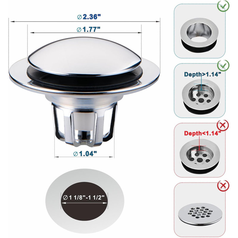 Chrome Brass Universal Sink Stopper & Hair Catcher – 3-Ring Fit for 1 1/8" 1 1/4" 1 1/2" Drains