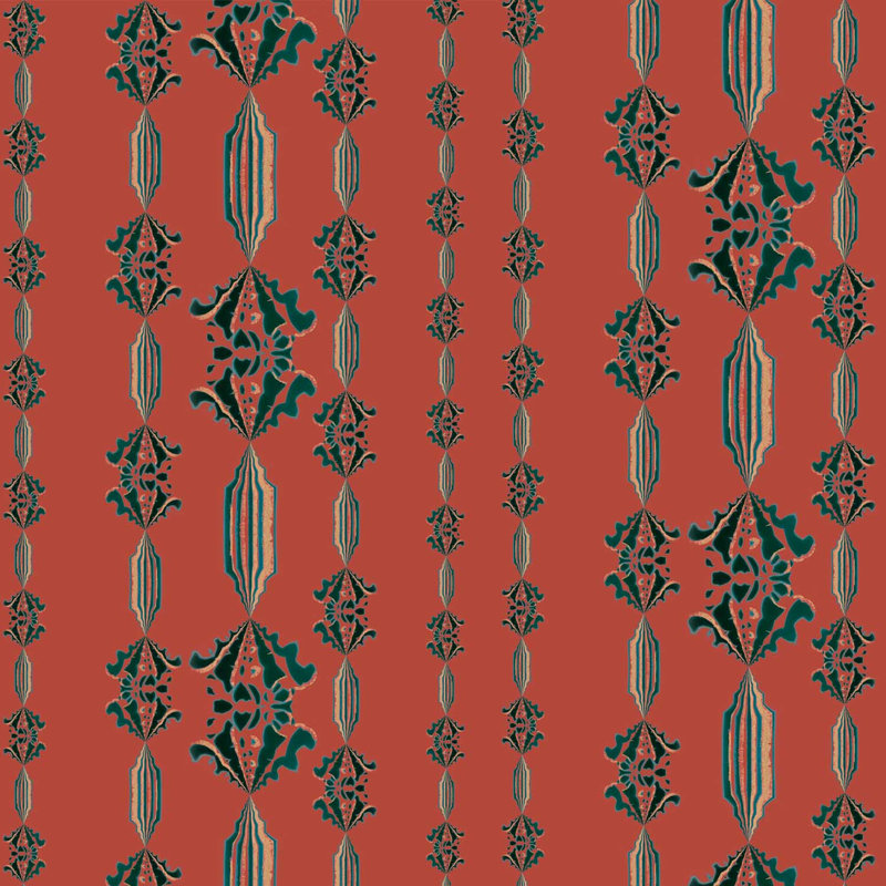 Charlie | Papier peint à rayures florales , Vert / rouge / beige / bleu sarcelle / bleu