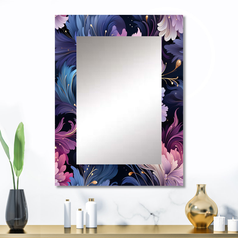 Astral Blue Purple Damask Radiance - damask  Wall Mirror, Bohemian & Eclectic Decorative Mirror, Printed Metal Art, 32" x 24"