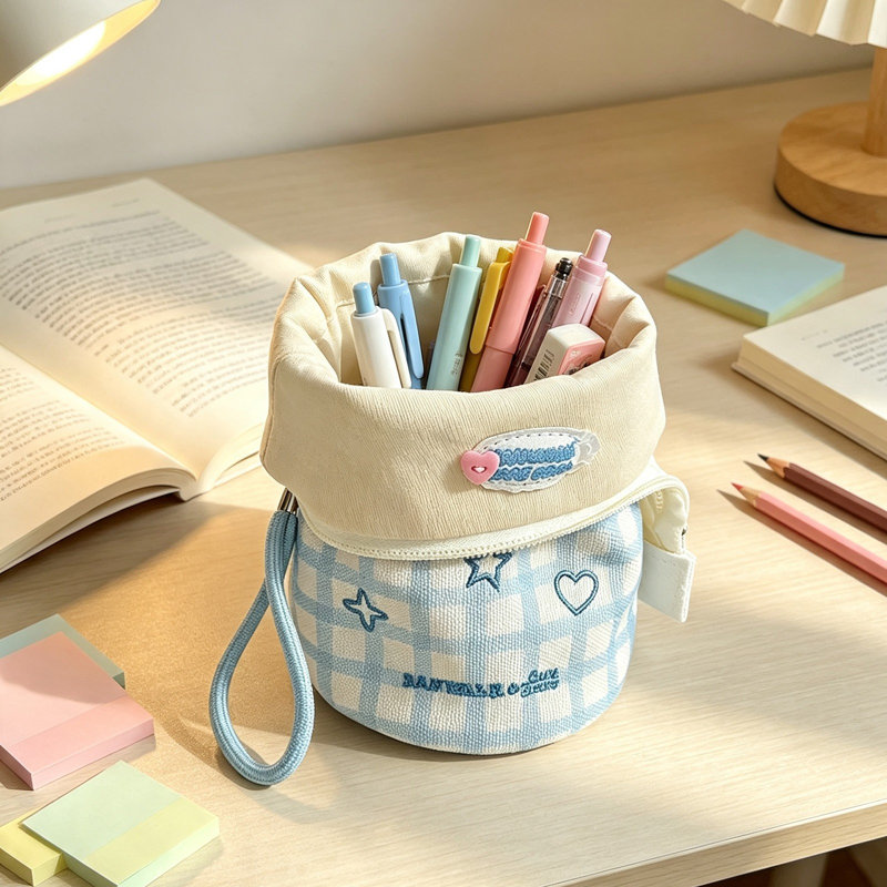 Trousse à crayons cylindrique pliable grande capacité, Blue