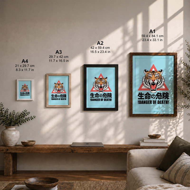 Warning Tiger Graphic - Framed Print, A2 - 59.4 x 42.0 cm, Walnut