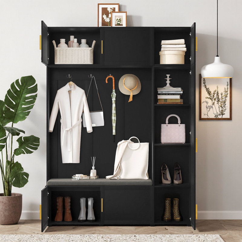 79.72" 4-in-1 Hall Tree with Padded Bench, 4 Hooks & Multi-Tier Storage Shelves, American-Style Entryway Organizer with Shoe Bench, Coat Rack & Open Shelves for Hallway, Mudroom