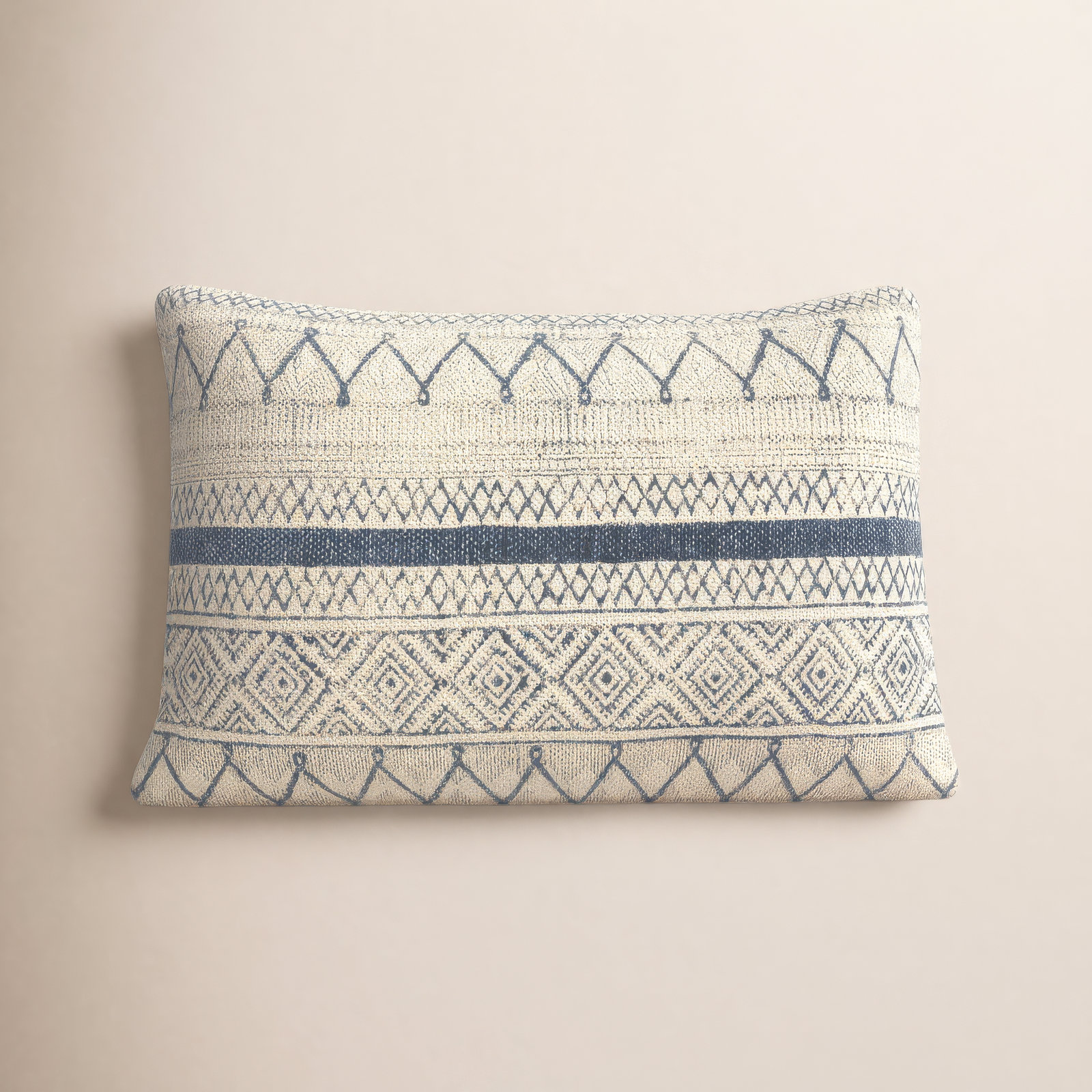 Zetta Geometric Cotton Lumbar Throw Pillow, Light Beige/Dark Blue, Pillow Cover Only - No Insert