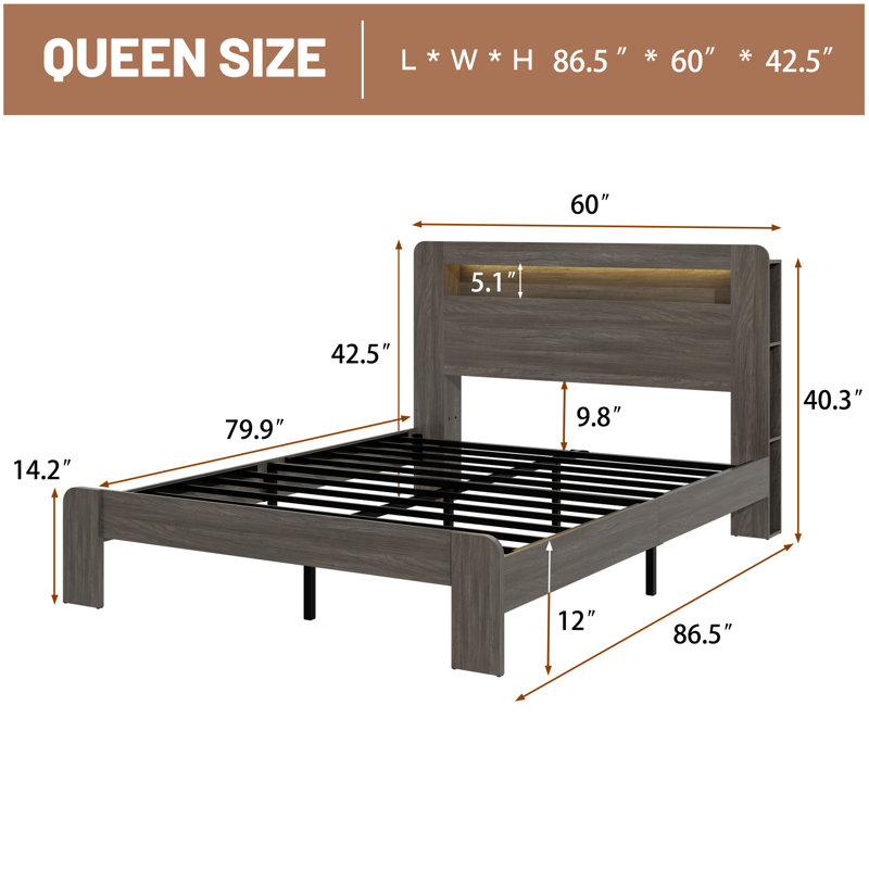 Queen Size Wood Platform Bed Frame with Storage, LED Headboard & 2 USB, Noise-Free, No Box Spring, Dark Gray