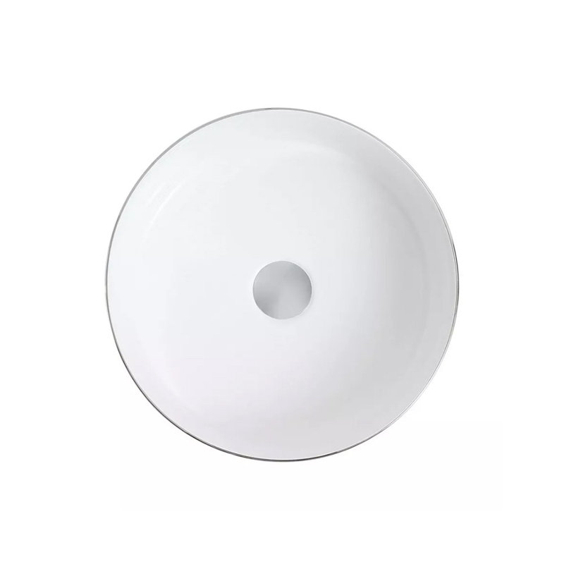 Lavabo rond en porcelaine de 14 po avec finition noire mate et argentée Epona, Blanc brillant / argent