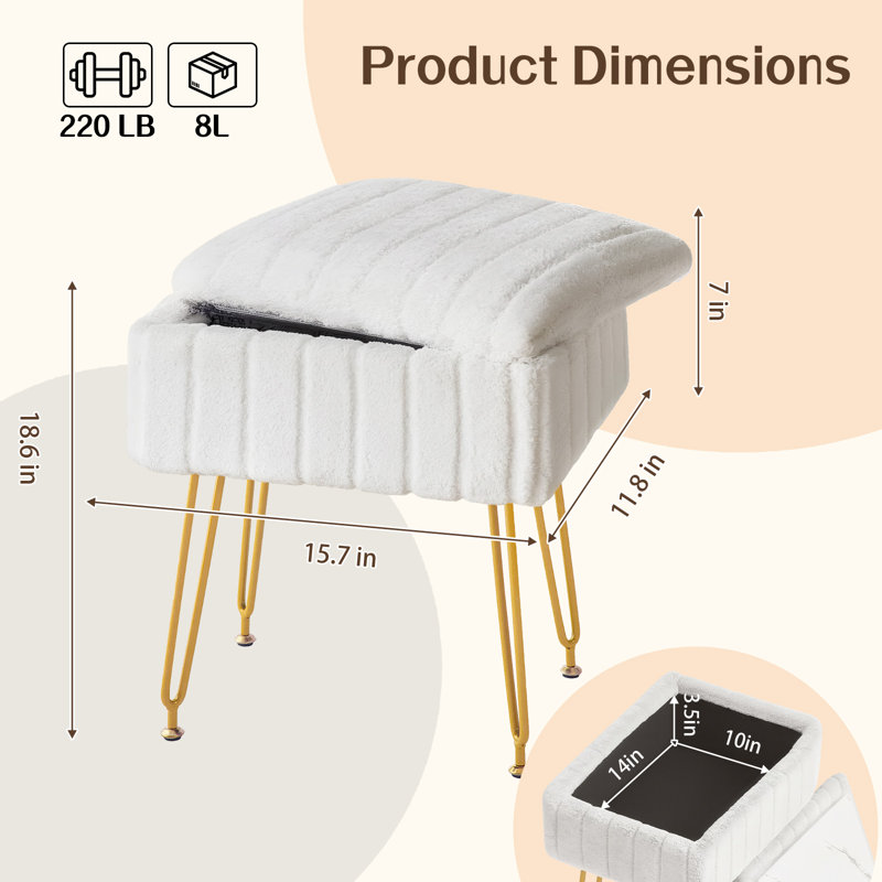 Amisted Vanity Stool Chair With Storage, Faux Fur Makeup Chair With Metal Legs, Small Footrest For Bedroom, White
