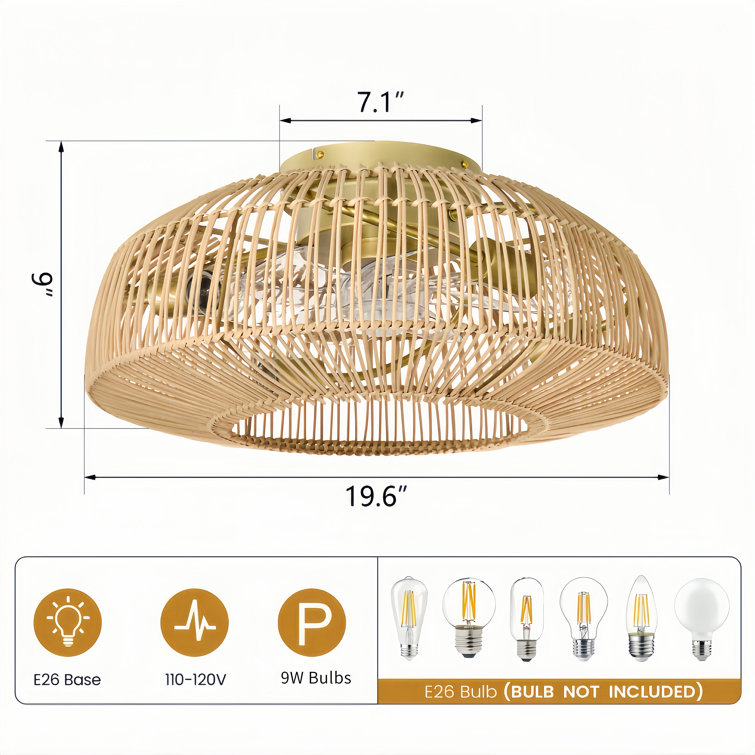 19.6'' Farmhouse Remote Control Reversible Rattan Ceiling Fan With Lighting Kits for Living Room/Bedroom