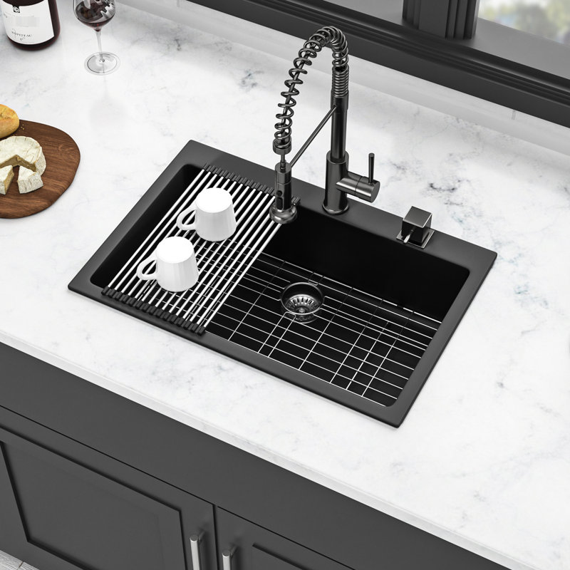 Black Granite Look Quartz Sink 33X22", And , Surface For Easy Hygiene Cleaning, Reduces Noise Composite High Quartz, Stable, Smooth Limits Dirt Accumulation, Quiet Operation