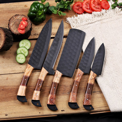 5 Pcs Kitchen Knife Chef Set Black Powder Coated Carbon Steel Blade