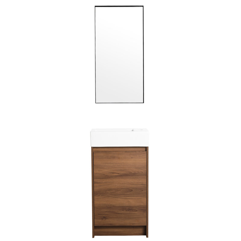 Meuble-lavabo autoportant de 18 pouces avec lavabo simple. Cabinet de caractère délicat. Lavabo en céramique. Bois d'ébène brun pour portes de salle de bain à fermeture en douceur. Petits espaces de bain