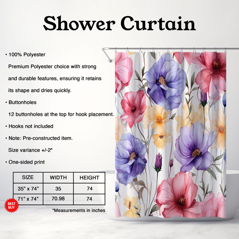 Rideau de douche standard 1 pièce Water Bloom, H 74 po x l 71 po