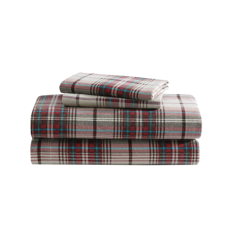 Gray Plaid Cotton Flannel Twin Sheet Set with Deep Pockets