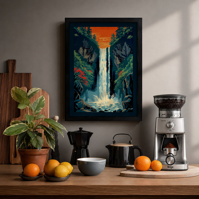 Waterfall In Mist Tropical - Print, A2 - 59.4 x 42.0 cm, Black