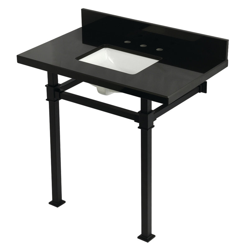 Kingston Brass Monarch 36-Inch Black Granite Console Sink with Stainless Steel Legs (8-Inch, 3-Hole), Matte Black
