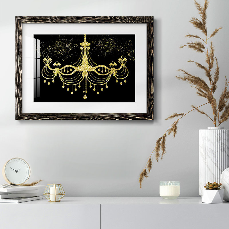 Lustre doré encadré sur papier, Noir, H 22 po x l 32 po x P 1,5 po
