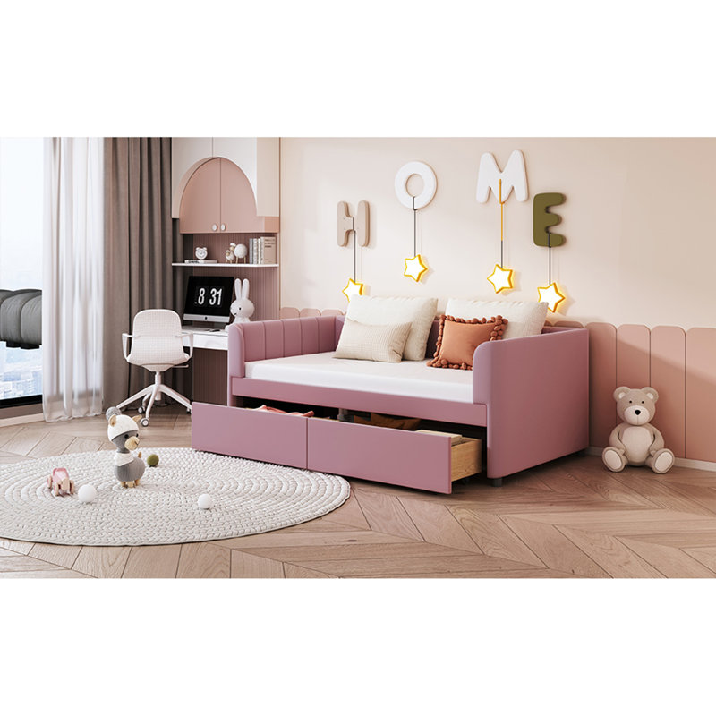 Lit de jour simple rembourré avec dossier ergonomique et 2 tiroirs, Rose