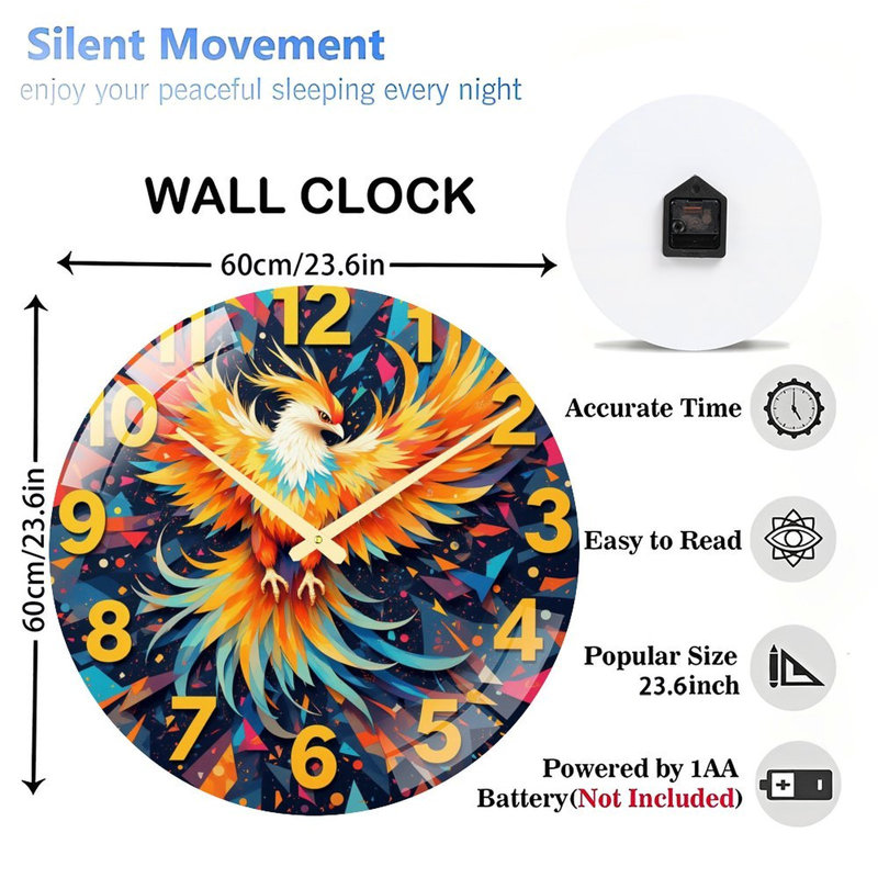 Colorful Phoenix Clock Art - 24‘’ Modern Glass Wall Clock