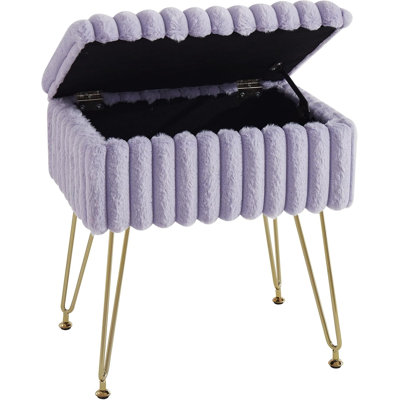 Smelser Vanity Stool with Storage, Faux Fur Upholstered Makeup Chair with Electroplated Legs