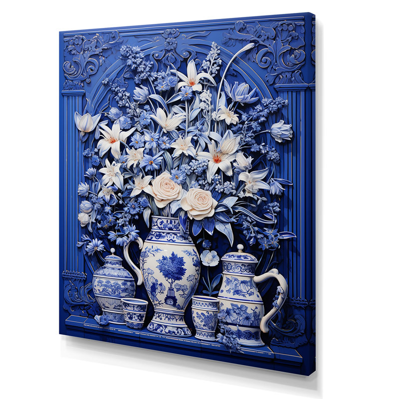 Bleu et blanc Boho Plant Pottery III - Boho Pottery, art mural, Toile tendue, H 32 po x l 24 po x P 1 po